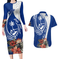 Blue Guam Hafa Adai Couples Matching Long Sleeve Bodycon Dress and Hawaiian Shirt Tropical Flowers with Polynesian Pattern