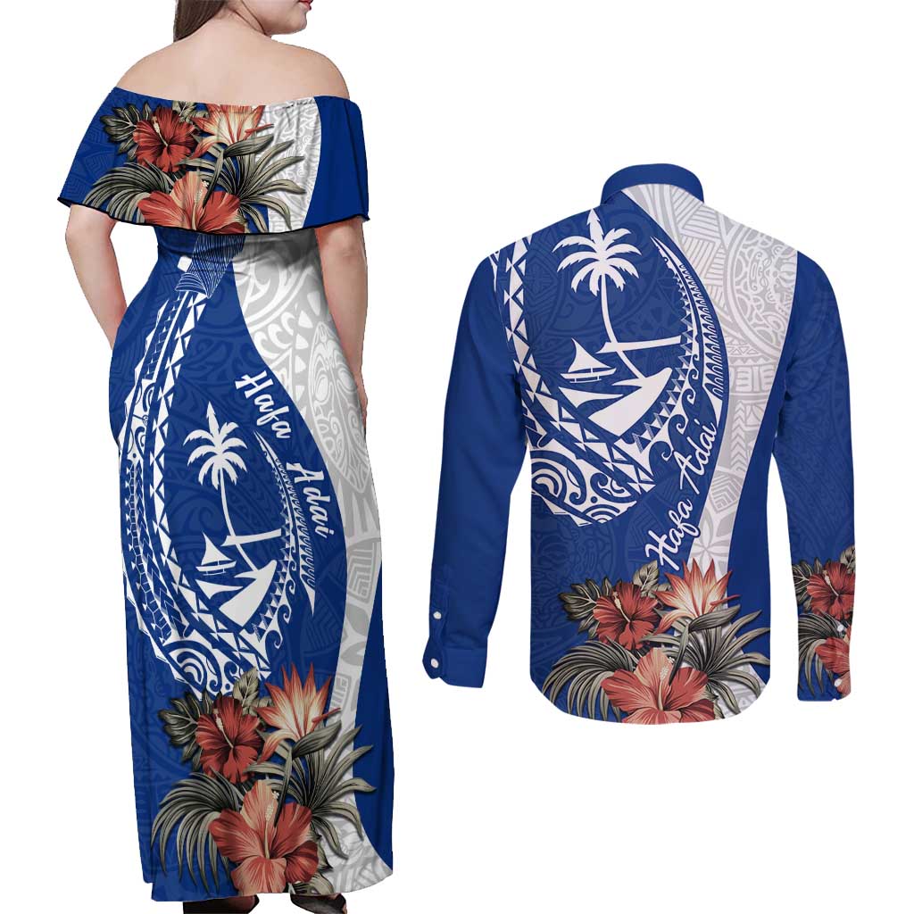 Blue Guam Hafa Adai Couples Matching Off Shoulder Maxi Dress and Long Sleeve Button Shirt Tropical Flowers with Polynesian Pattern