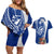 Blue Guam Hafa Adai Couples Matching Off Shoulder Short Dress and Hawaiian Shirt Tropical Flowers with Polynesian Pattern