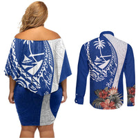 Blue Guam Hafa Adai Couples Matching Off Shoulder Short Dress and Long Sleeve Button Shirt Tropical Flowers with Polynesian Pattern