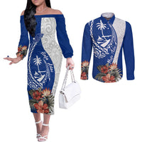 Blue Guam Hafa Adai Couples Matching Off The Shoulder Long Sleeve Dress and Long Sleeve Button Shirt Tropical Flowers with Polynesian Pattern