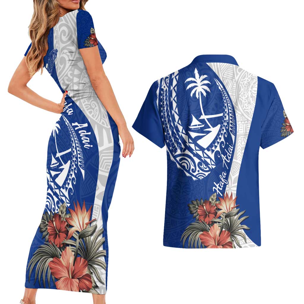 Blue Guam Hafa Adai Couples Matching Short Sleeve Bodycon Dress and Hawaiian Shirt Tropical Flowers with Polynesian Pattern