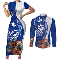 Blue Guam Hafa Adai Couples Matching Short Sleeve Bodycon Dress and Long Sleeve Button Shirt Tropical Flowers with Polynesian Pattern