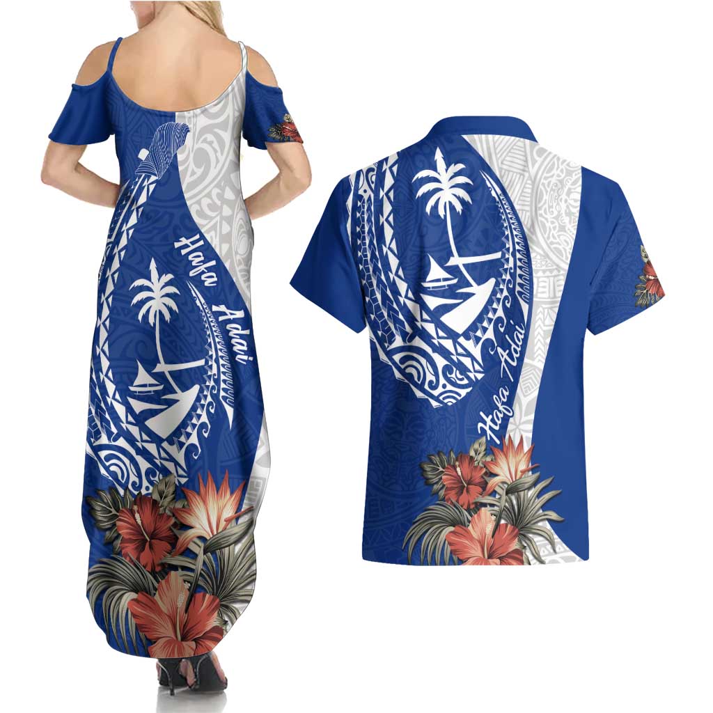 Blue Guam Hafa Adai Couples Matching Summer Maxi Dress and Hawaiian Shirt Tropical Flowers with Polynesian Pattern