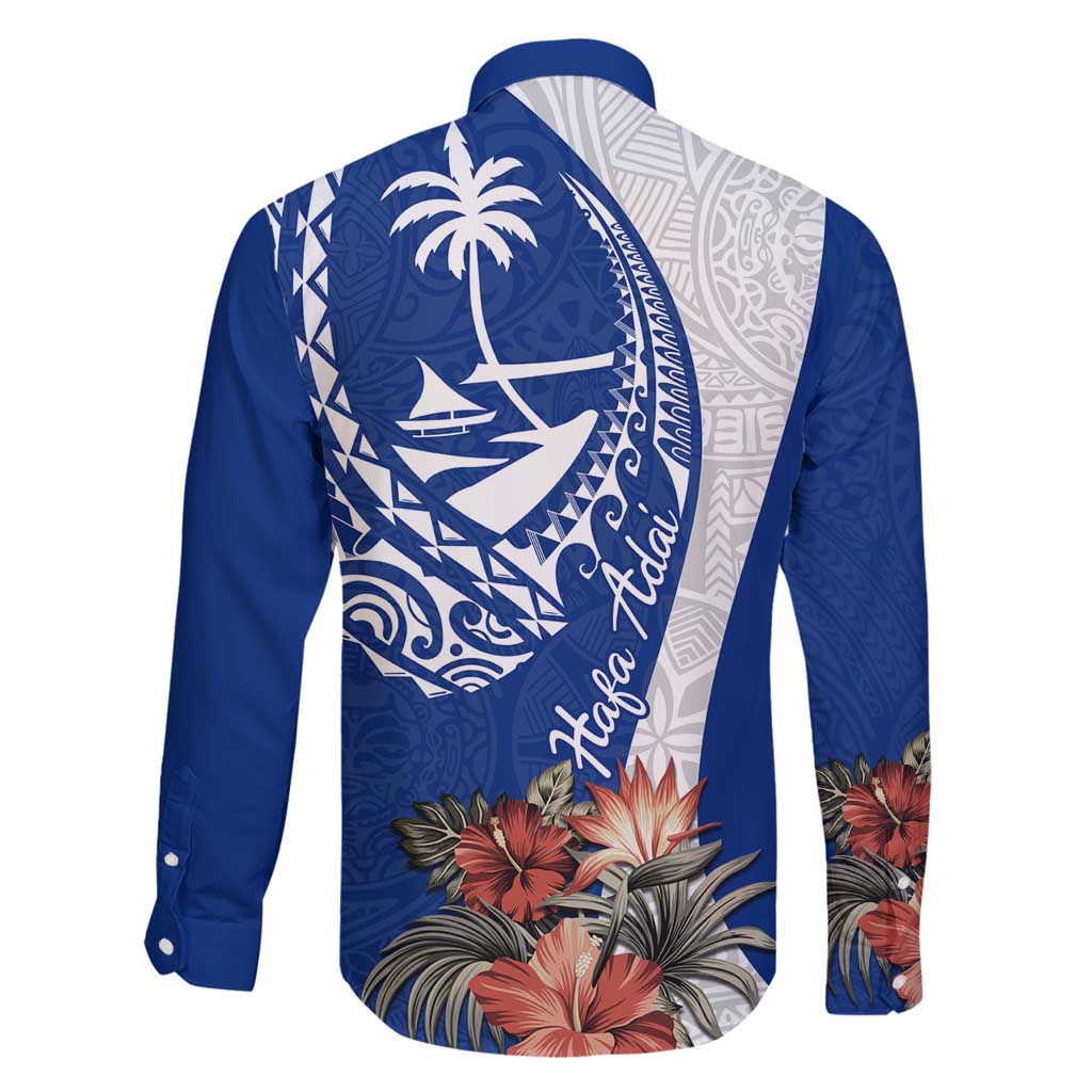 Blue Guam Hafa Adai Family Matching Long Sleeve Bodycon Dress and Hawaiian Shirt Tropical Flowers with Polynesian Pattern