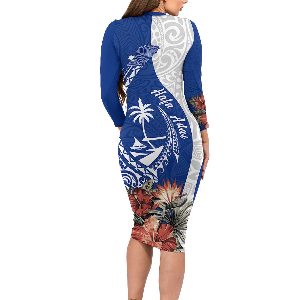 Blue Guam Hafa Adai Family Matching Long Sleeve Bodycon Dress and Hawaiian Shirt Tropical Flowers with Polynesian Pattern