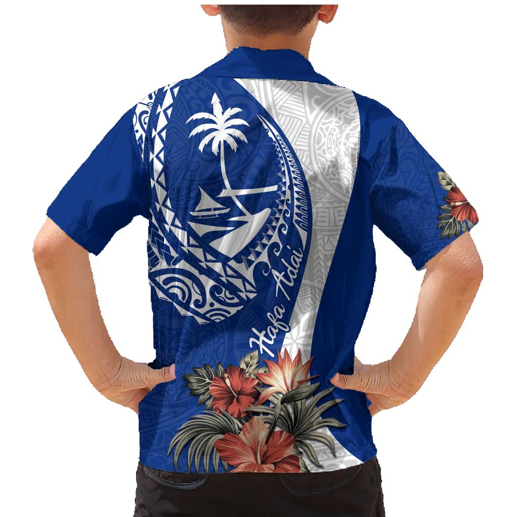 Blue Guam Hafa Adai Family Matching Mermaid Dress and Hawaiian Shirt Tropical Flowers with Polynesian Pattern
