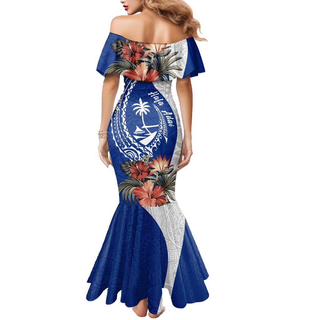 Blue Guam Hafa Adai Family Matching Mermaid Dress and Hawaiian Shirt Tropical Flowers with Polynesian Pattern