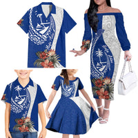 Blue Guam Hafa Adai Family Matching Off The Shoulder Long Sleeve Dress and Hawaiian Shirt Tropical Flowers with Polynesian Pattern