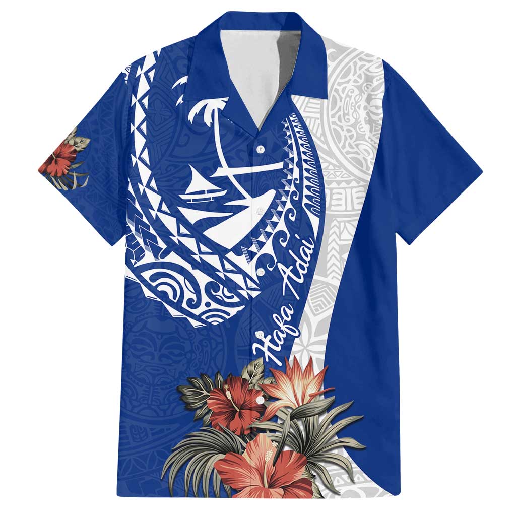 Blue Guam Hafa Adai Family Matching Off Shoulder Maxi Dress and Hawaiian Shirt Tropical Flowers with Polynesian Pattern