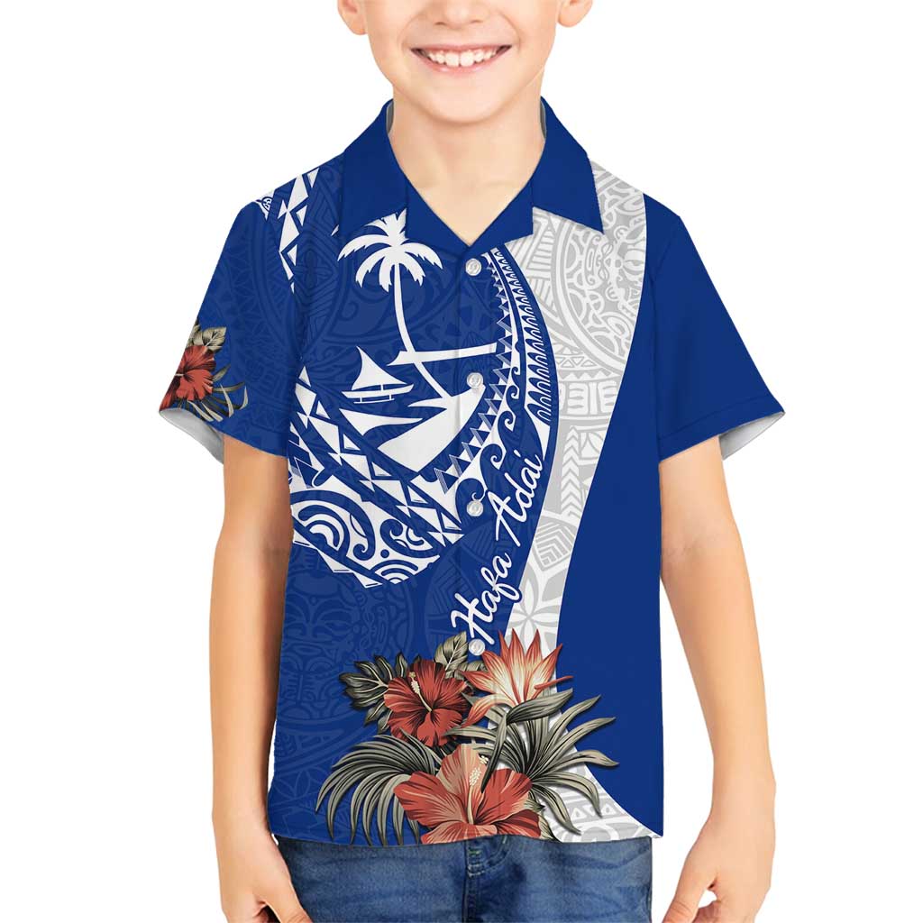 Blue Guam Hafa Adai Family Matching Off Shoulder Maxi Dress and Hawaiian Shirt Tropical Flowers with Polynesian Pattern