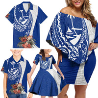 Blue Guam Hafa Adai Family Matching Off Shoulder Short Dress and Hawaiian Shirt Tropical Flowers with Polynesian Pattern