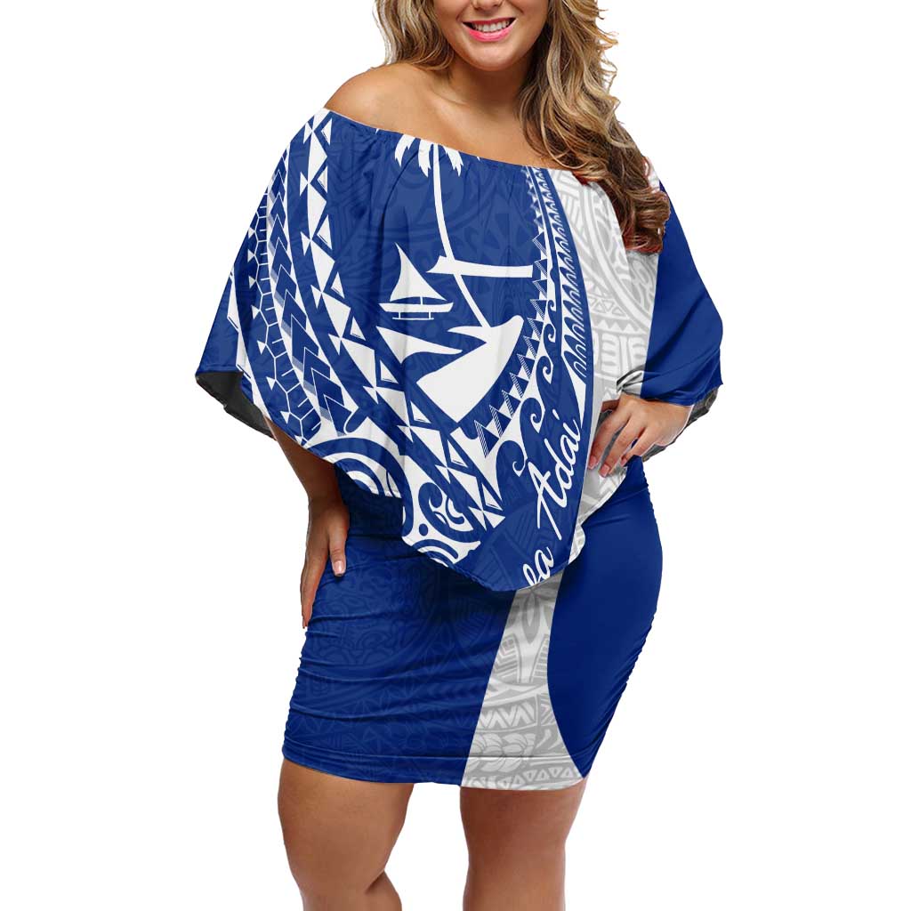 Blue Guam Hafa Adai Family Matching Off Shoulder Short Dress and Hawaiian Shirt Tropical Flowers with Polynesian Pattern