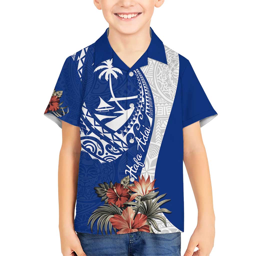 Blue Guam Hafa Adai Family Matching Short Sleeve Bodycon Dress and Hawaiian Shirt Tropical Flowers with Polynesian Pattern