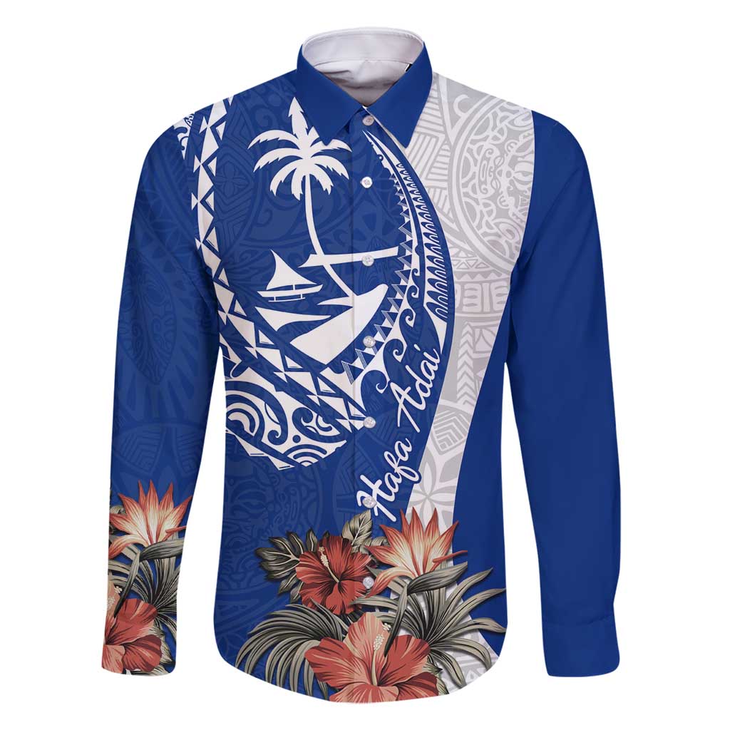 Blue Guam Hafa Adai Family Matching Summer Maxi Dress and Hawaiian Shirt Tropical Flowers with Polynesian Pattern