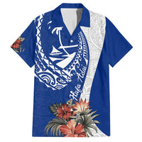 Blue Guam Hafa Adai Family Matching Tank Maxi Dress and Hawaiian Shirt Tropical Flowers with Polynesian Pattern