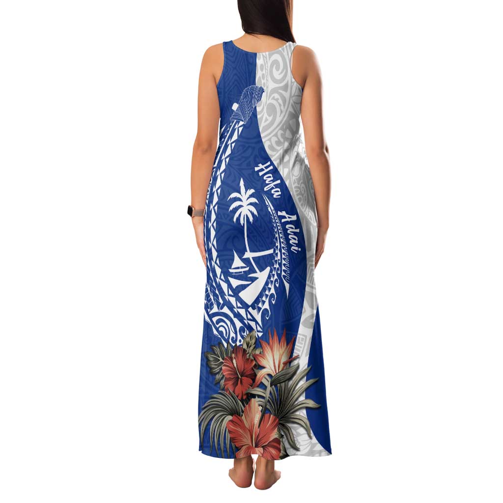 Blue Guam Hafa Adai Family Matching Tank Maxi Dress and Hawaiian Shirt Tropical Flowers with Polynesian Pattern