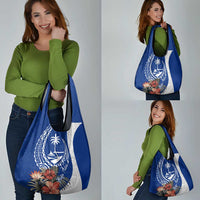 Blue Guam Hafa Adai Grocery Bag Tropical Flowers with Polynesian Pattern