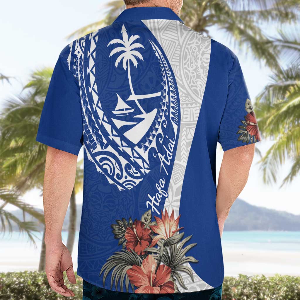 Blue Guam Hafa Adai Hawaiian Shirt Tropical Flowers with Polynesian Pattern