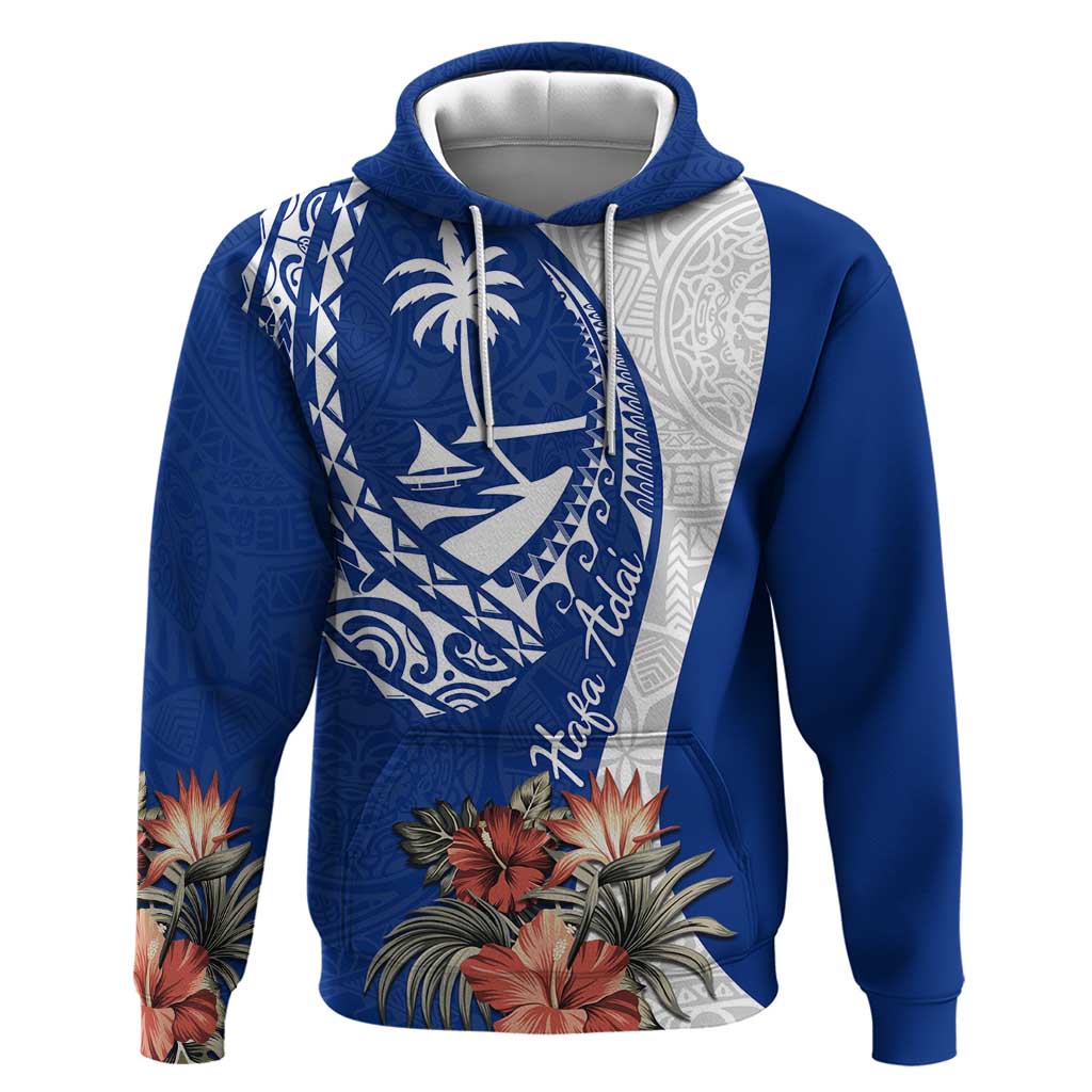 Blue Guam Hafa Adai Hoodie Tropical Flowers with Polynesian Pattern