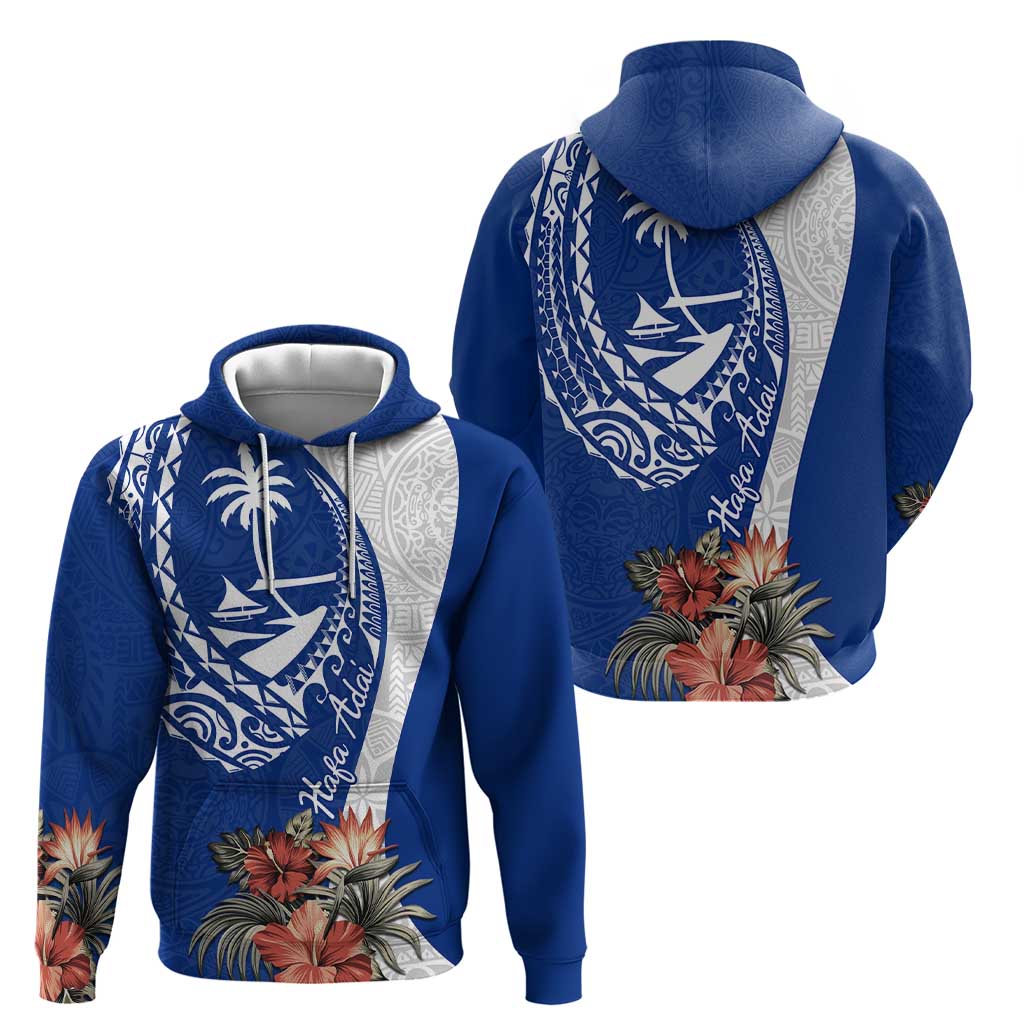 Blue Guam Hafa Adai Hoodie Tropical Flowers with Polynesian Pattern