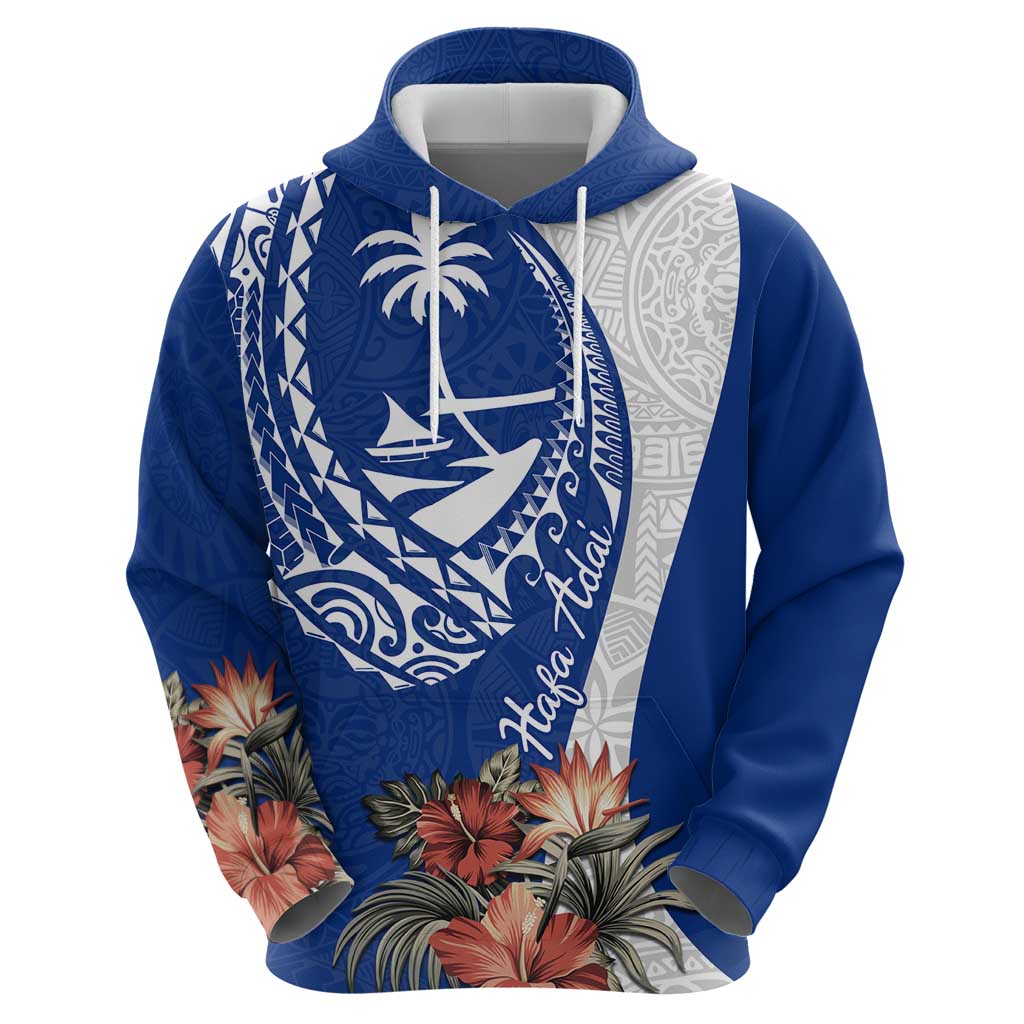 Blue Guam Hafa Adai Hoodie Tropical Flowers with Polynesian Pattern