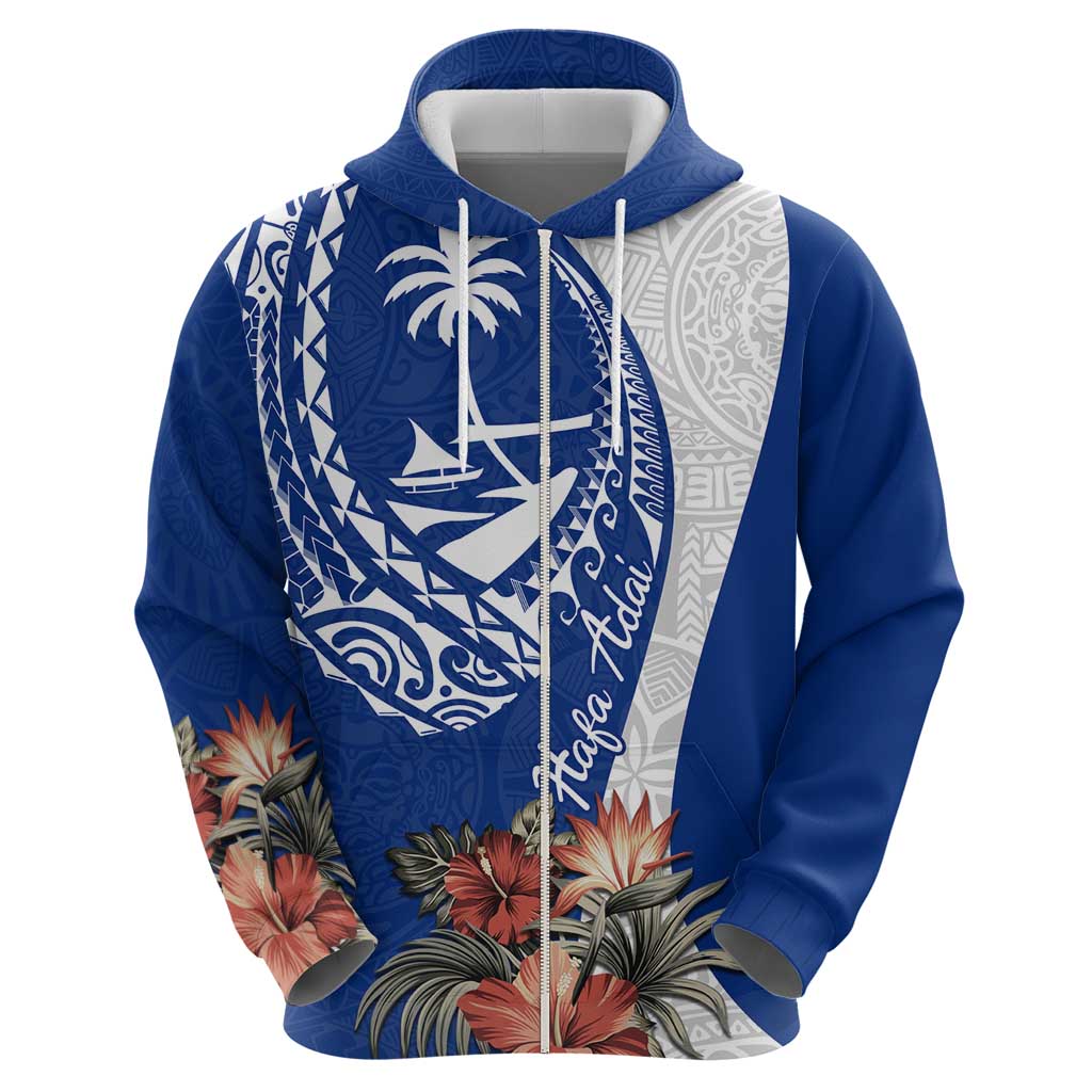Blue Guam Hafa Adai Hoodie Tropical Flowers with Polynesian Pattern