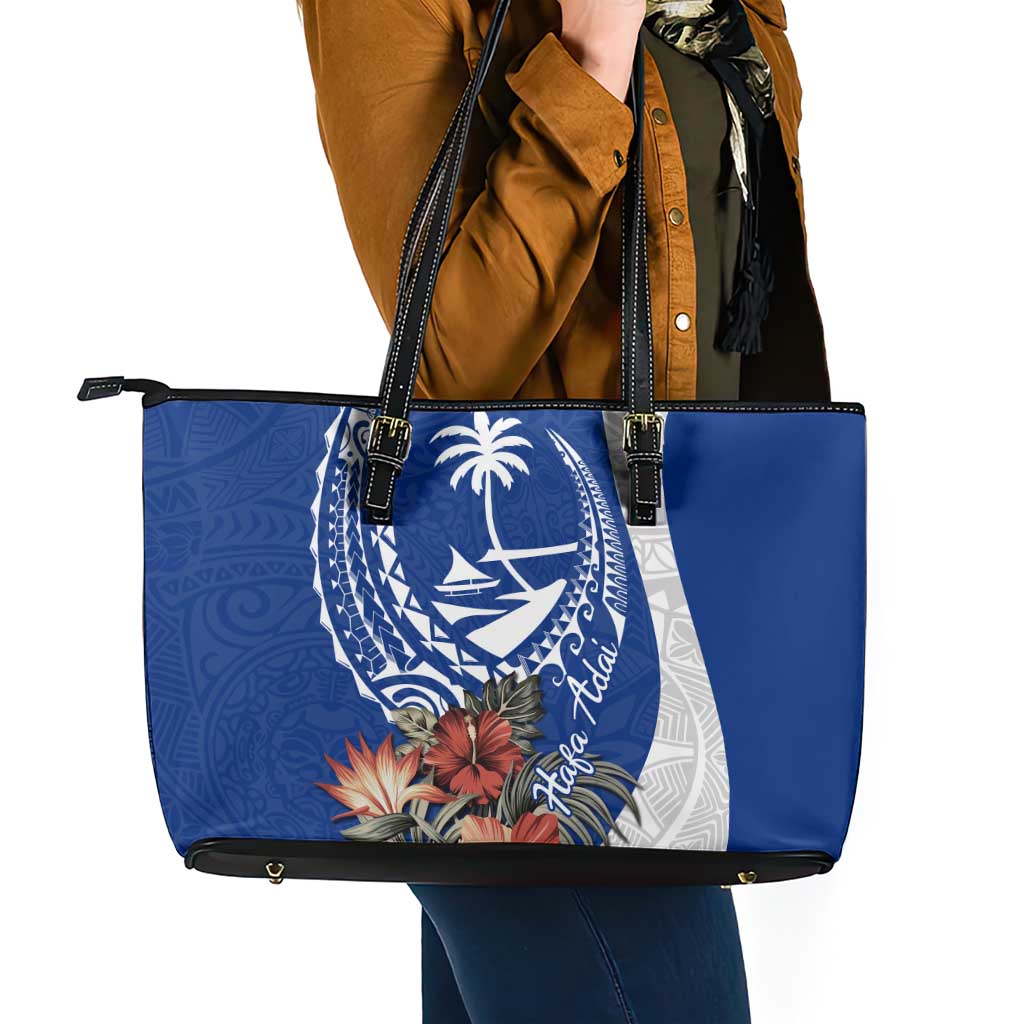 Blue Guam Hafa Adai Leather Tote Bag Tropical Flowers with Polynesian Pattern