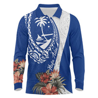 Blue Guam Hafa Adai Long Sleeve Polo Shirt Tropical Flowers with Polynesian Pattern