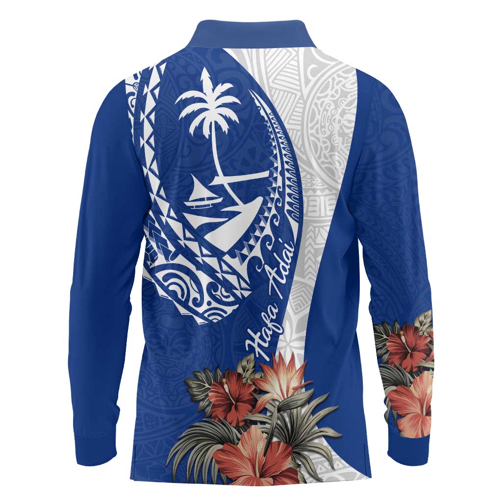 Blue Guam Hafa Adai Long Sleeve Polo Shirt Tropical Flowers with Polynesian Pattern