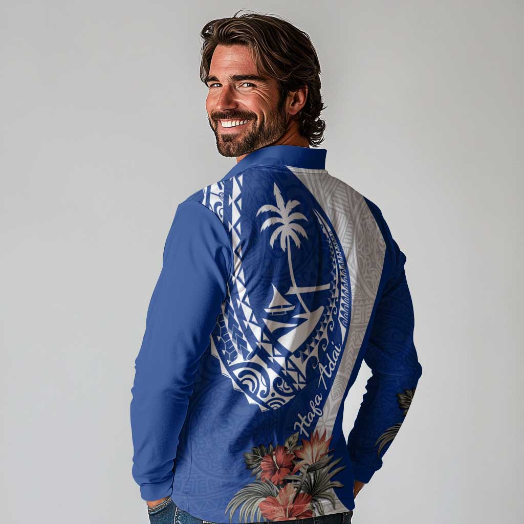Blue Guam Hafa Adai Long Sleeve Polo Shirt Tropical Flowers with Polynesian Pattern