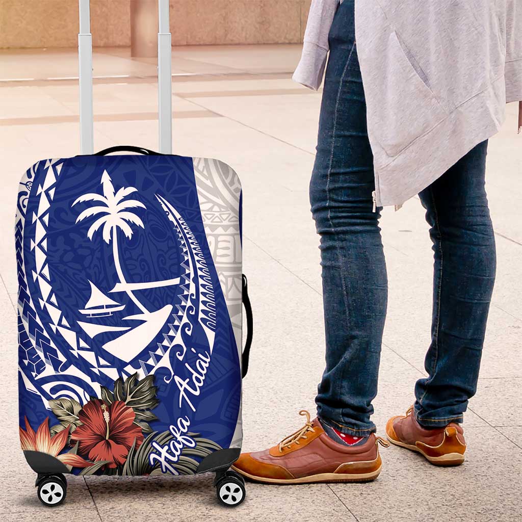 Blue Guam Hafa Adai Luggage Cover Tropical Flowers with Polynesian Pattern