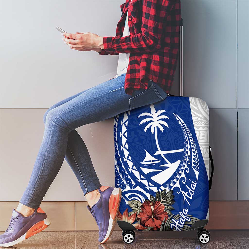 Blue Guam Hafa Adai Luggage Cover Tropical Flowers with Polynesian Pattern