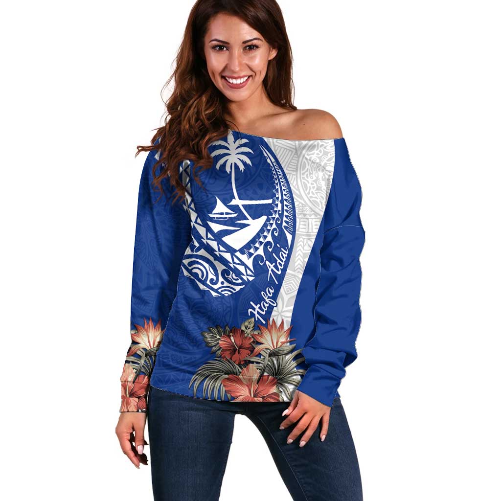 Blue Guam Hafa Adai Off Shoulder Sweater Tropical Flowers with Polynesian Pattern