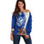 Blue Guam Hafa Adai Off Shoulder Sweater Tropical Flowers with Polynesian Pattern