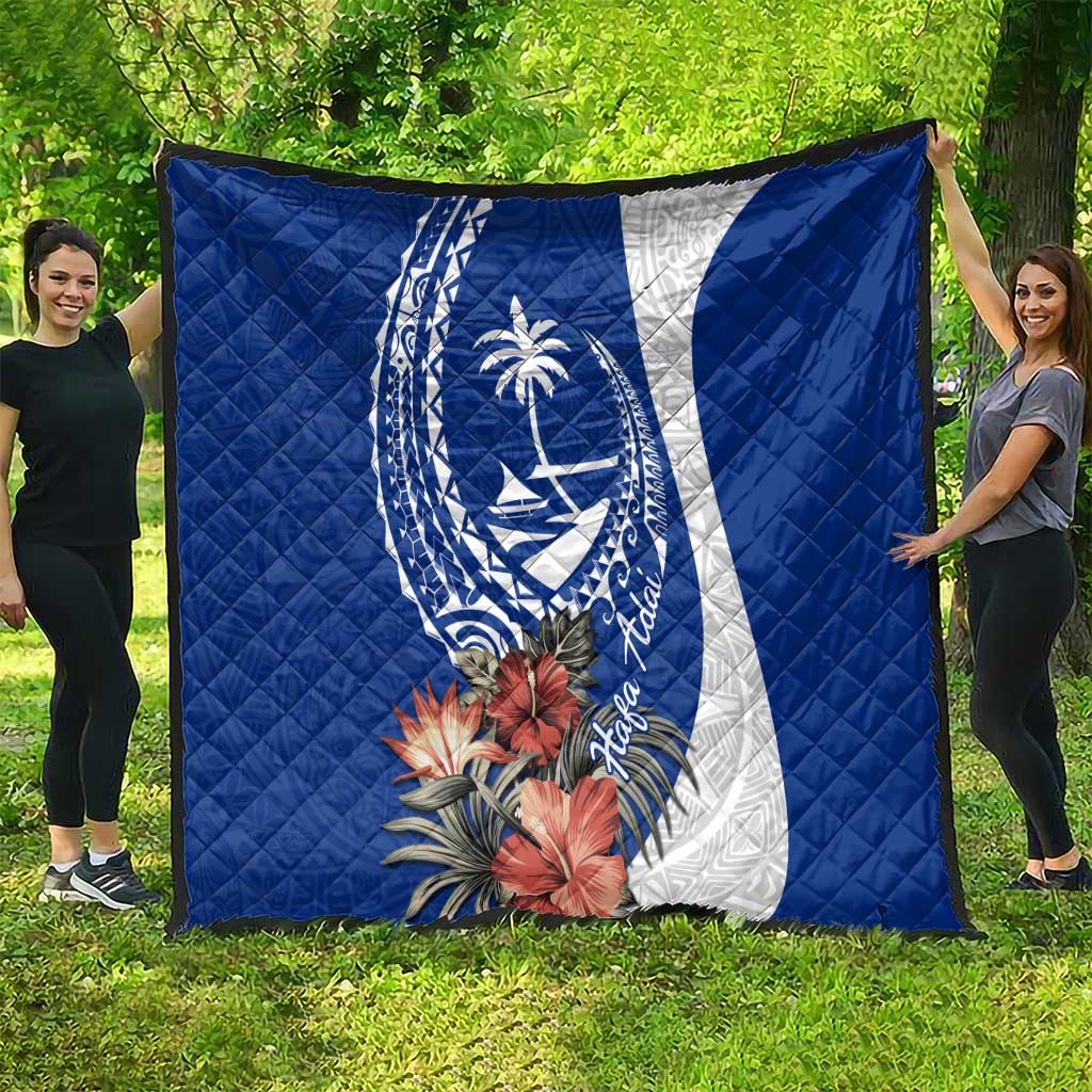 Blue Guam Hafa Adai Quilt Tropical Flowers with Polynesian Pattern