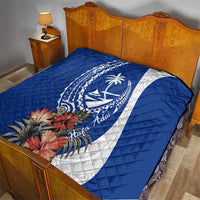 Blue Guam Hafa Adai Quilt Tropical Flowers with Polynesian Pattern