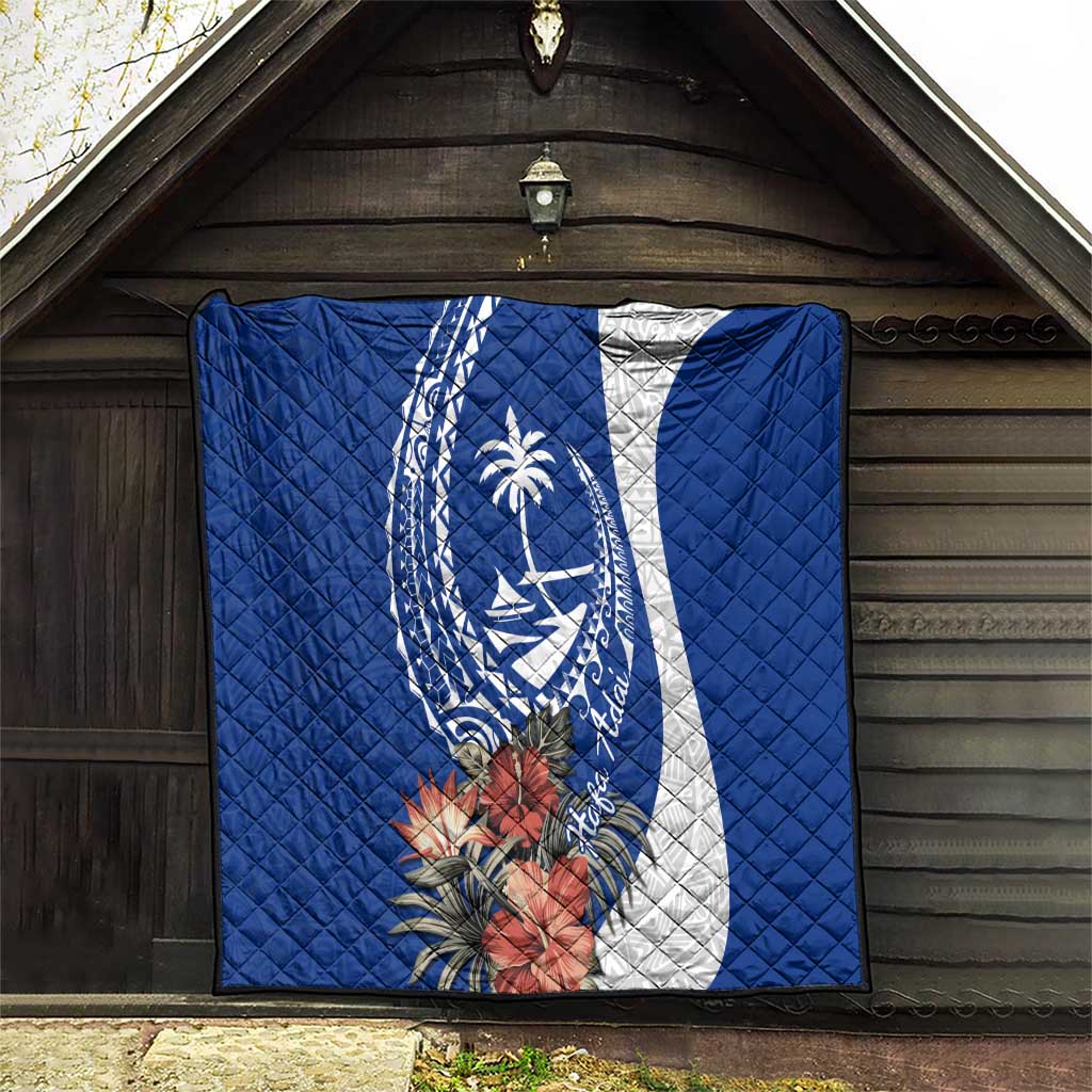 Blue Guam Hafa Adai Quilt Tropical Flowers with Polynesian Pattern