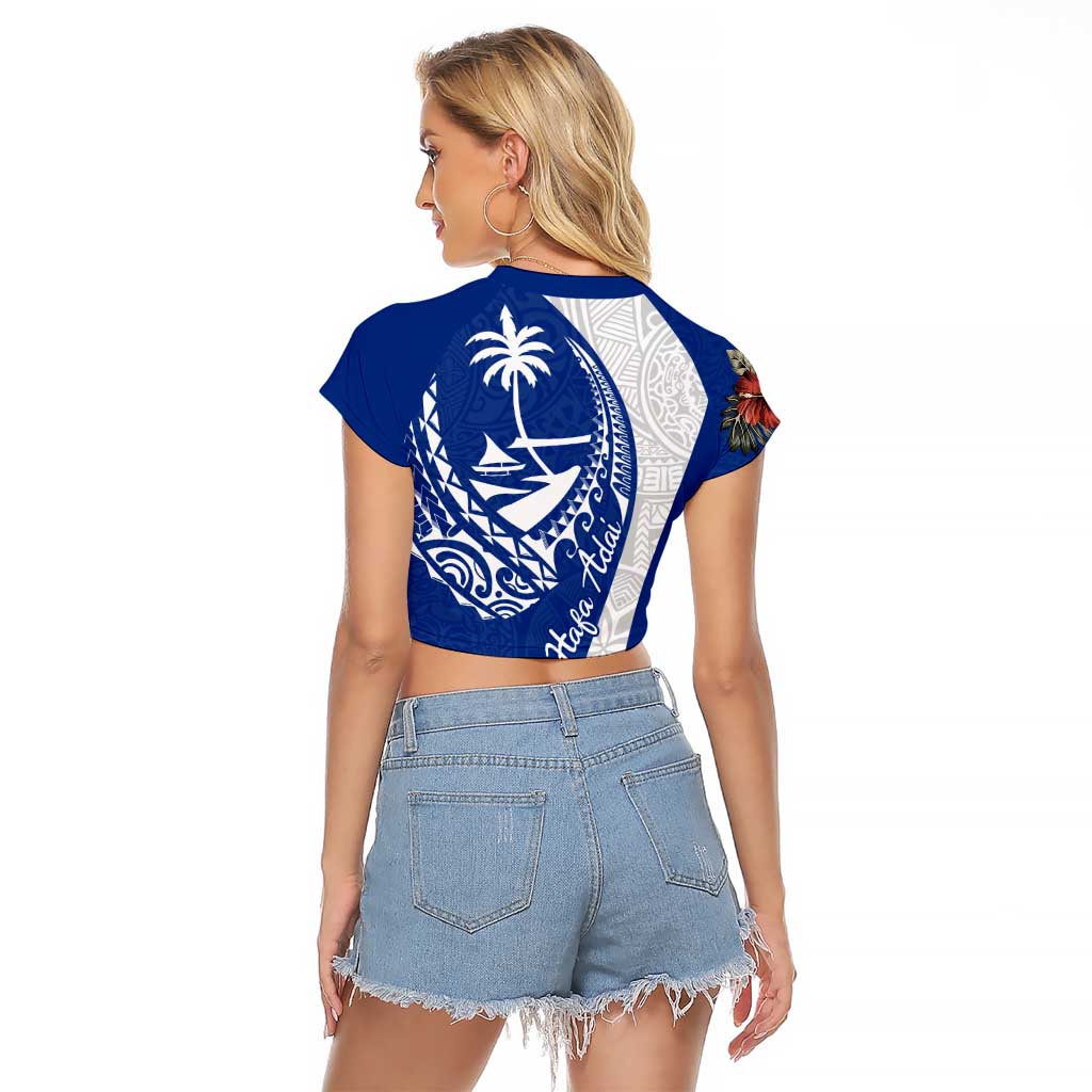 Blue Guam Hafa Adai Raglan Cropped T Shirt Tropical Flowers with Polynesian Pattern