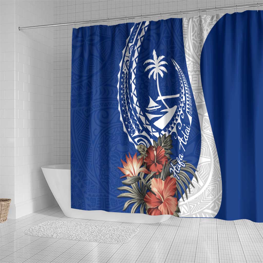 Blue Guam Hafa Adai Shower Curtain Tropical Flowers with Polynesian Pattern