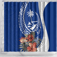Blue Guam Hafa Adai Shower Curtain Tropical Flowers with Polynesian Pattern