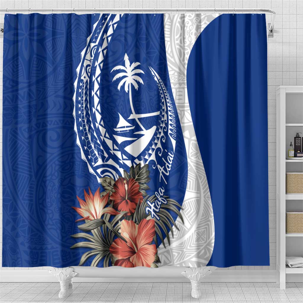 Blue Guam Hafa Adai Shower Curtain Tropical Flowers with Polynesian Pattern
