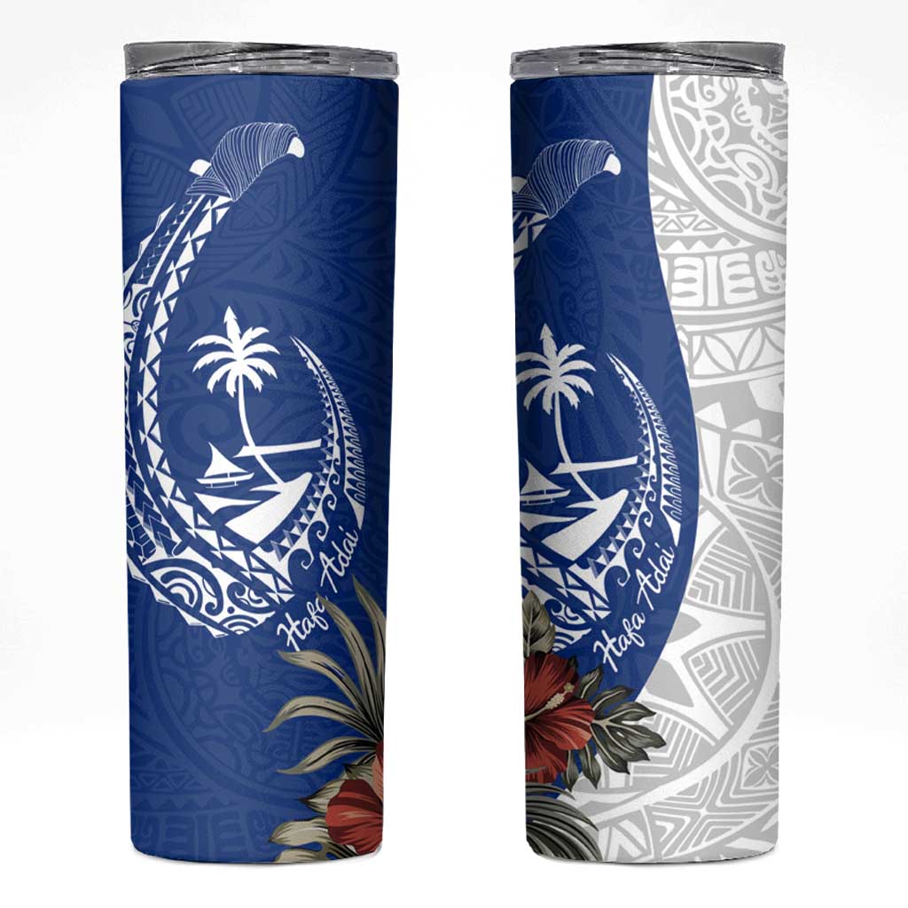 Blue Guam Hafa Adai Skinny Tumbler Tropical Flowers with Polynesian Pattern
