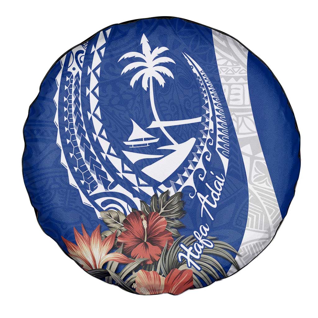 Blue Guam Hafa Adai Spare Tire Cover Tropical Flowers with Polynesian Pattern