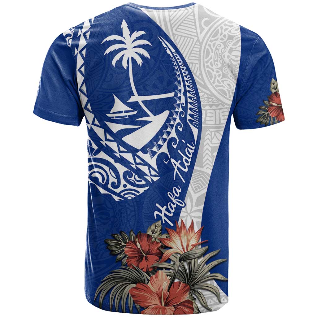 Blue Guam Hafa Adai T Shirt Tropical Flowers with Polynesian Pattern