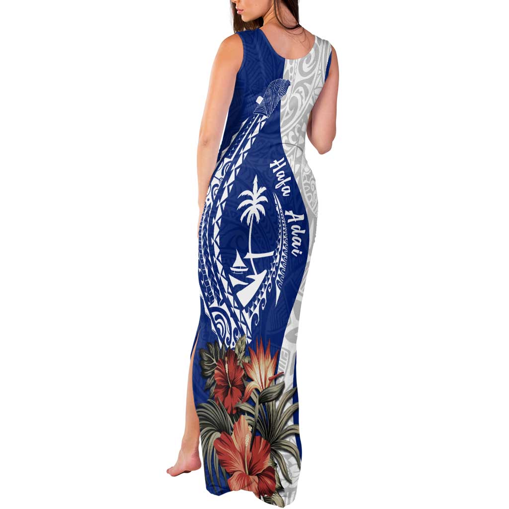 Blue Guam Hafa Adai Tank Maxi Dress Tropical Flowers with Polynesian Pattern