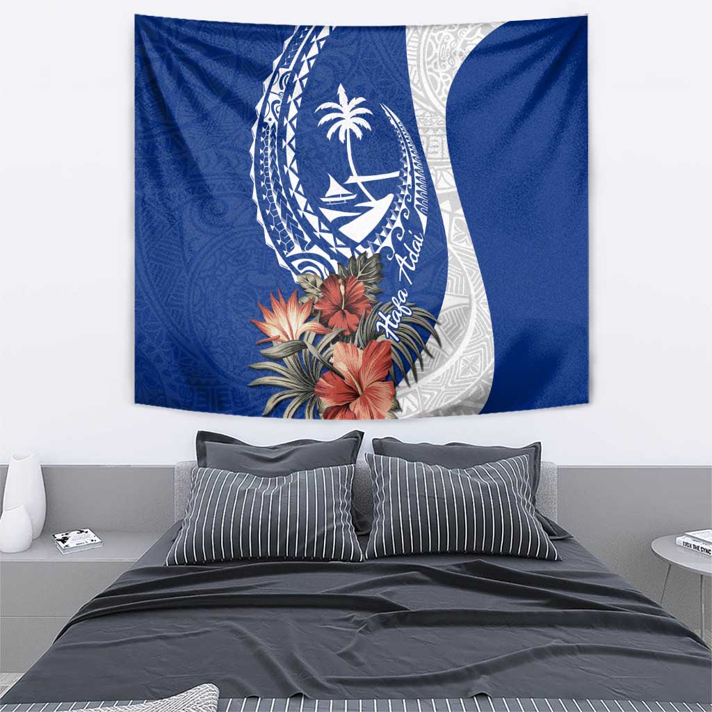 Blue Guam Hafa Adai Tapestry Tropical Flowers with Polynesian Pattern