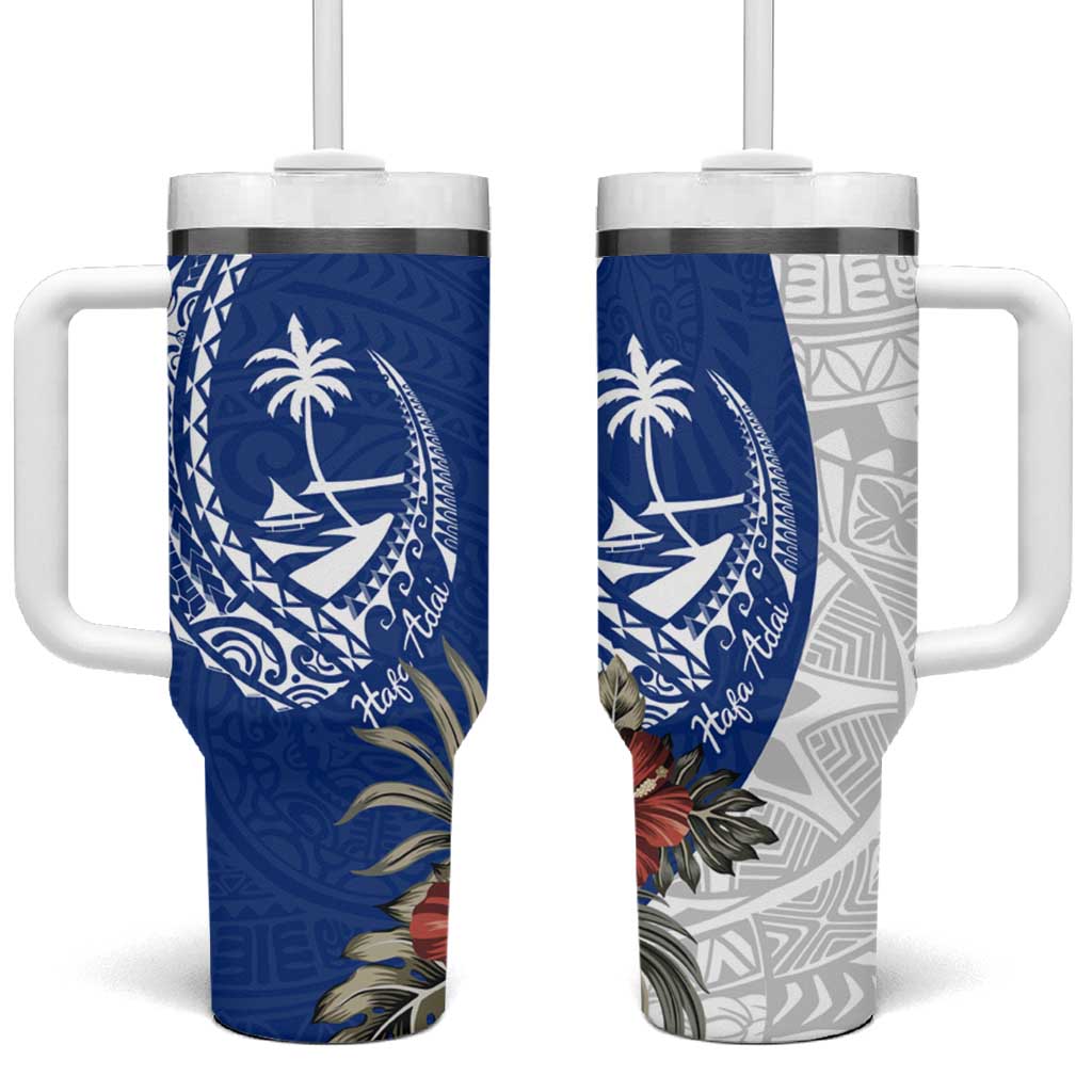 Blue Guam Hafa Adai Tumbler With Handle Tropical Flowers with Polynesian Pattern