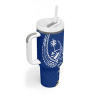 Blue Guam Hafa Adai Tumbler With Handle Tropical Flowers with Polynesian Pattern