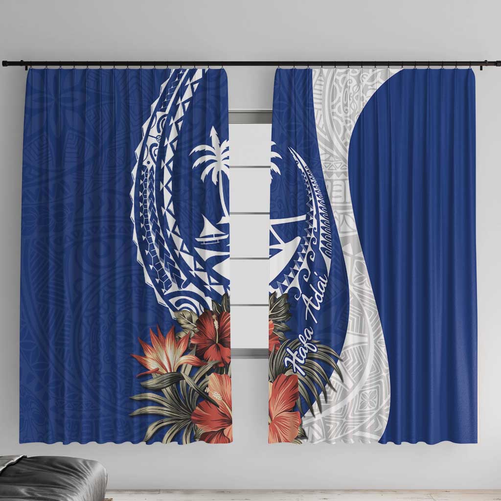 Blue Guam Hafa Adai Window Curtain Tropical Flowers with Polynesian Pattern